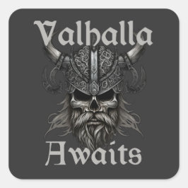 Valhalla Awaits - Skull Quadratischer Aufkleber