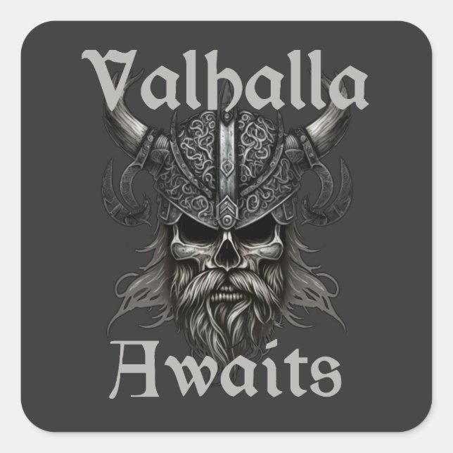 Valhalla Awaits - Skull Quadratischer Aufkleber (Vorderseite)