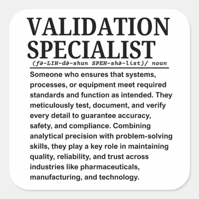Validation specialist quadratischer aufkleber (Vorderseite)