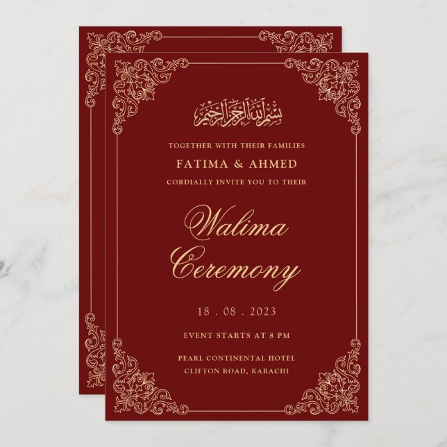 Valima Red Gold Islamische Hochzeit Einladung (Vorne/Hinten)