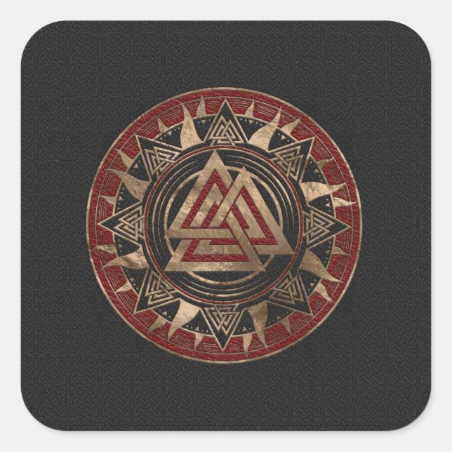 Valknut Symbol Black and Red Leather and gold Quadratischer Aufkleber (Vorderseite)
