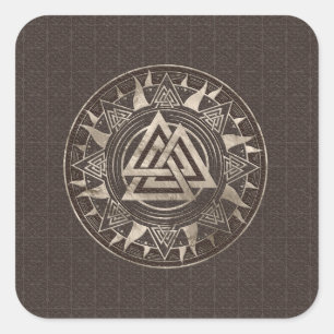 Valknut Symbol - Braunes Leder und Gold Quadratischer Aufkleber