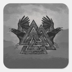 Valknut Symbol und Raben Quadratischer Aufkleber