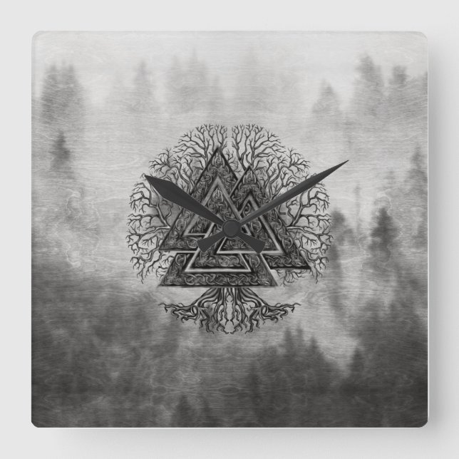 Valknut und Baum des Lebens Yggdrasil Quadratische Wanduhr (Vorderseite)