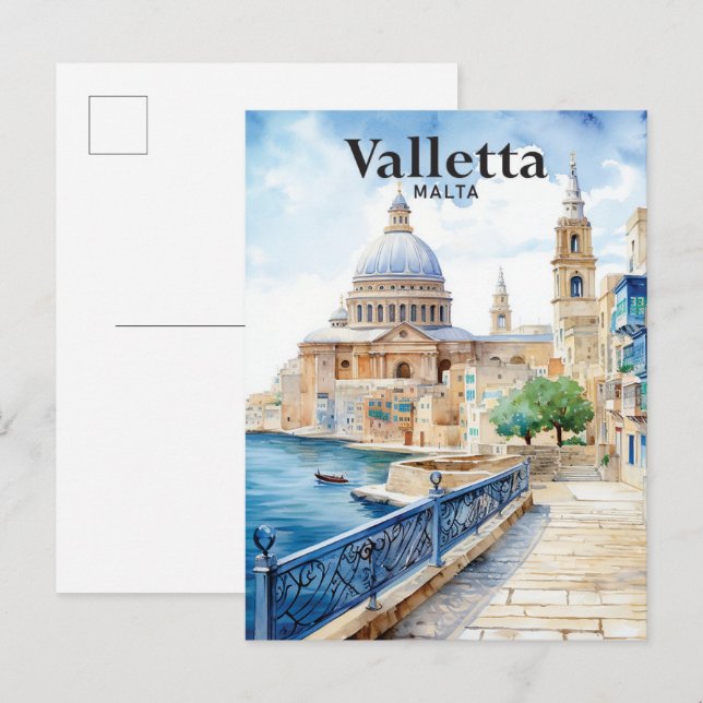 Valletta Malta Aquarellmalerei Postkarte (Vorne/Hinten)