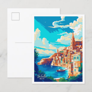 Valletta Malta Kunst Vintage Reiseillustration Postkarte