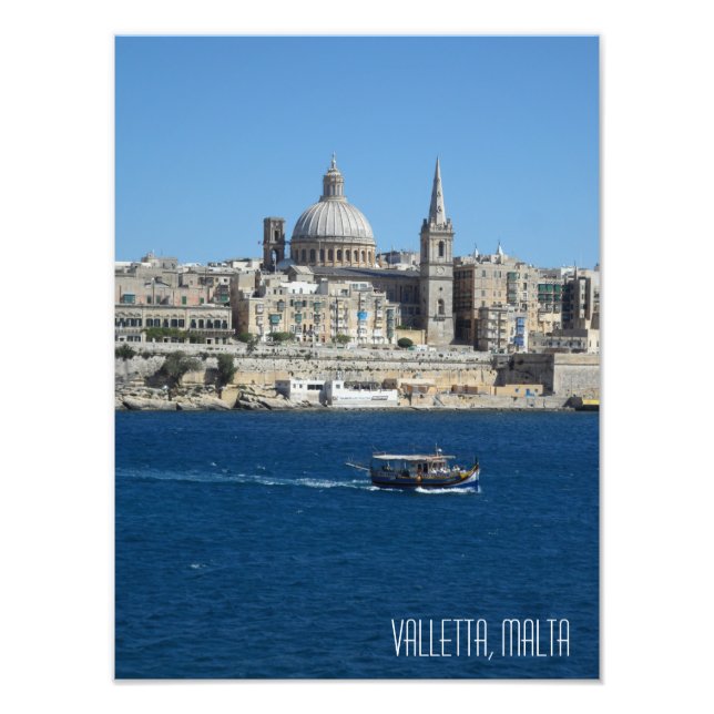 Valletta Skyline Luzzu Fischerboot Malta Scene Fotodruck (Vorne)