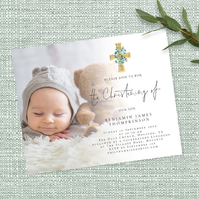 Value Foto Eucalyptus Cross Christening Einladung Flyer (Von Creator hochgeladen)