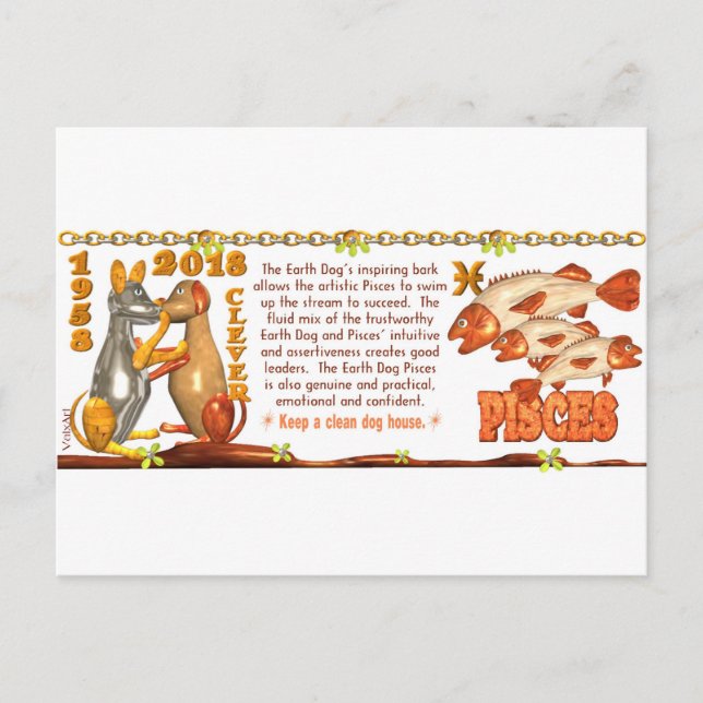 ValxArt Zodiac Earth Dog Pisces geboren 1958 2018 Postkarte (Vorderseite)