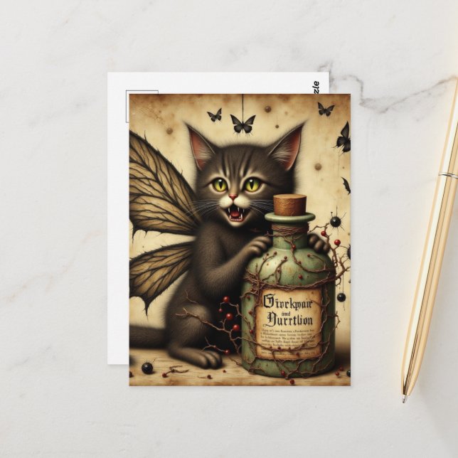 Vampir-Feenkätzchen und eine Giftflasche Postkarte (Vorderseite/Rückseite Beispiel)