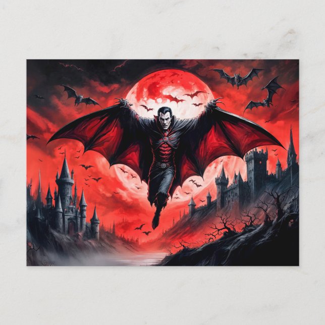 Vampir fliegt über ein verfluchtes Schloss Postkarte (Vorderseite)