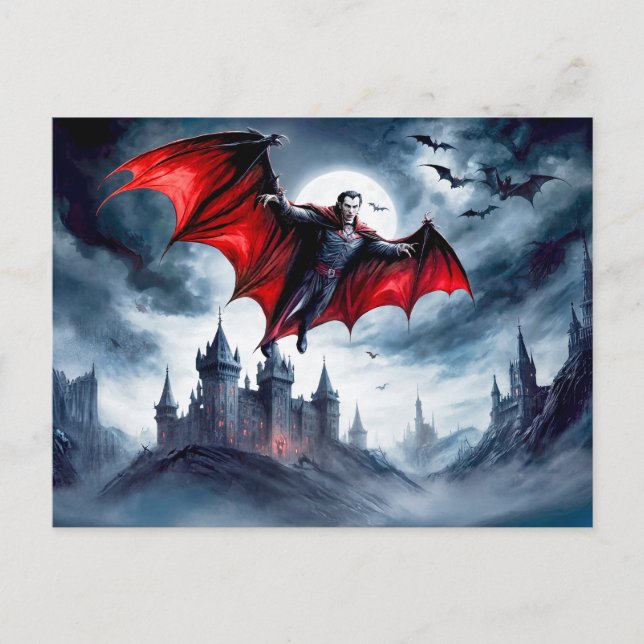 Vampir fliegt über ein verfluchtes Schloss Postkarte (Vorderseite)