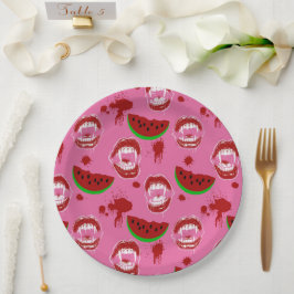 Vampir isst Wassermelone Halloween im Juli Rosa Pappteller