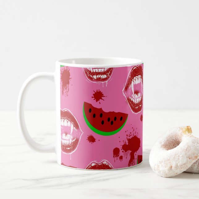 Vampir isst Wassermelone Summerween-Party Rosa  Kaffeetasse (Mit Donut)