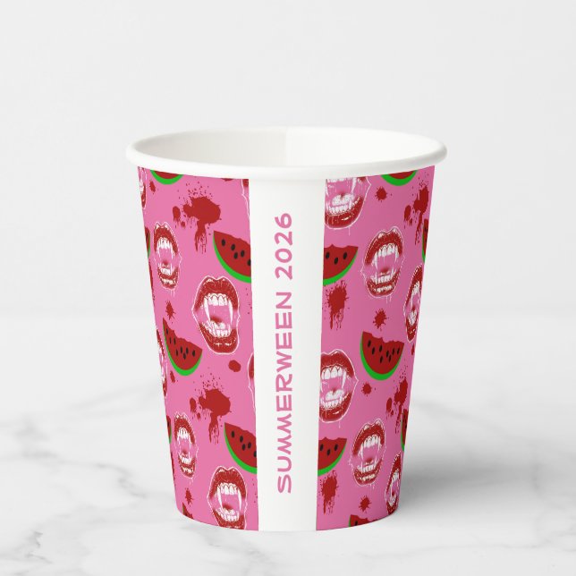 Vampir isst Wassermelone Summerween-Party Rosa  Pappbecher (Links)