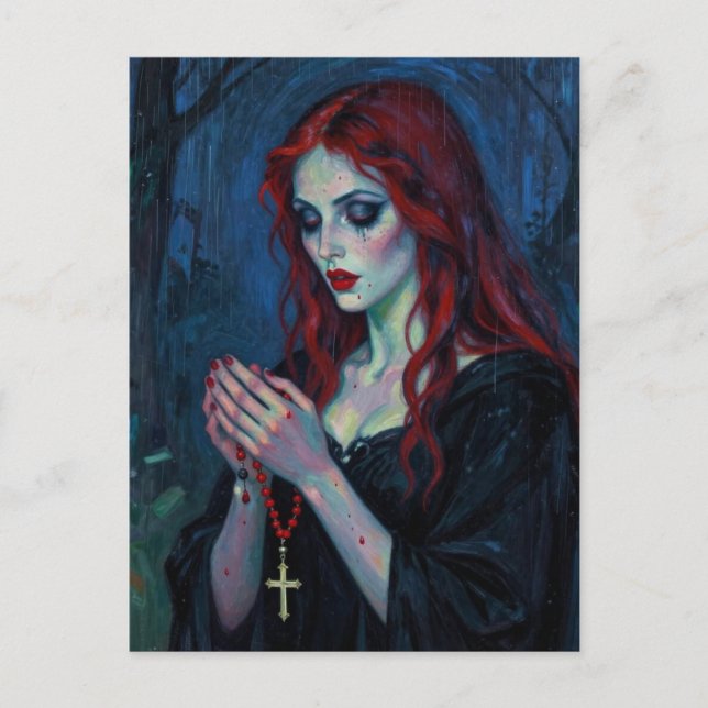 Vampir-Lady mit Rosenkranz Postkarte (Vorderseite)