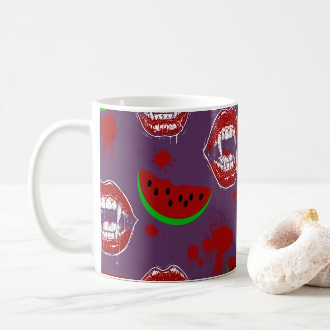 Vampir & Wassermelone Gruseliger Summerween Lila Kaffeetasse (Mit Donut)