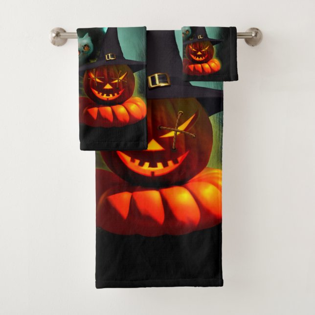 Vampire Cat and Wizard Pumpkin Halloween Surreal Badhandtuch Set (Insitu)