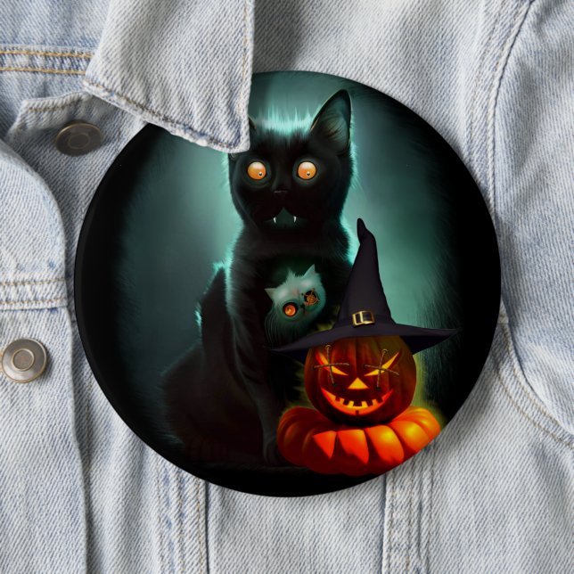 Vampire Cat and Wizard Pumpkin Halloween Surreal Button (Beispiel)