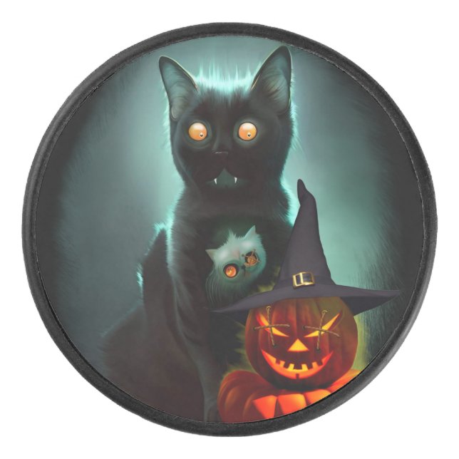 Vampire Cat and Wizard Pumpkin Halloween Surreal Eishockey Puck (Vorderseite)