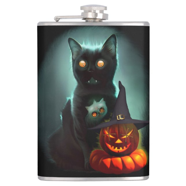 Vampire Cat and Wizard Pumpkin Halloween Surreal Flachmann (Vorderseite)