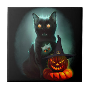 Vampire Cat and Wizard Pumpkin Halloween Surreal Fliese