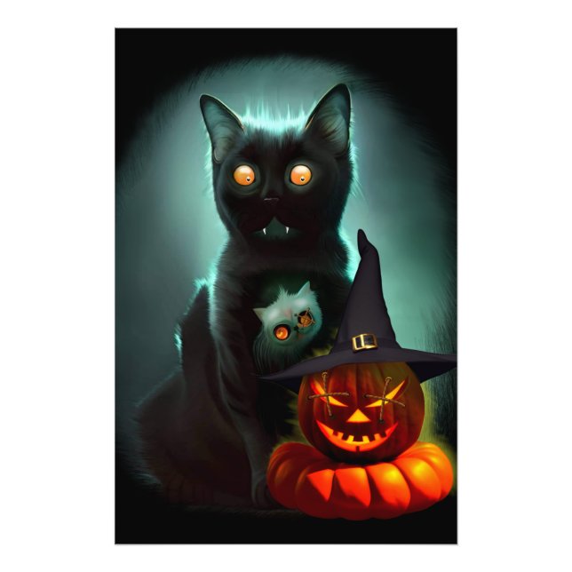 Vampire Cat and Wizard Pumpkin Halloween Surreal Fotodruck (Vorne)