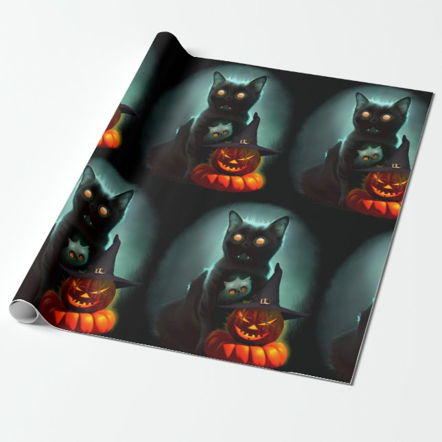Vampire Cat and Wizard Pumpkin Halloween Surreal Geschenkpapier (Ungerollt)