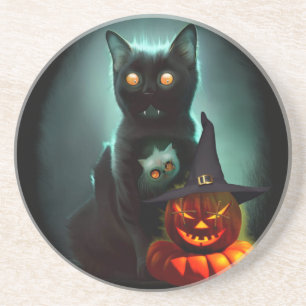 Vampire Cat and Wizard Pumpkin Halloween Surreal Getränkeuntersetzer