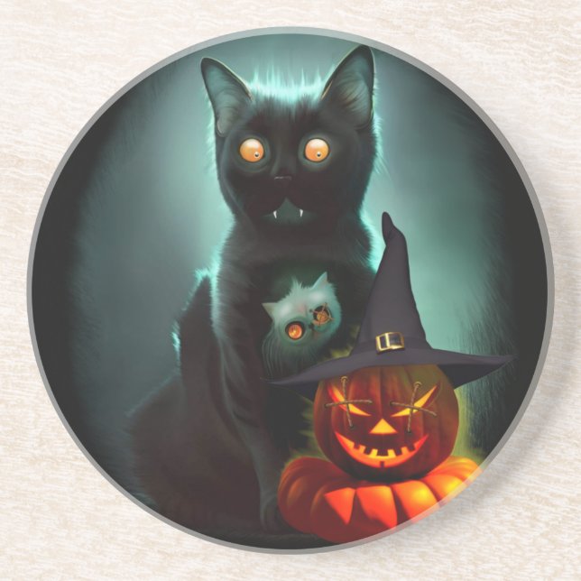 Vampire Cat and Wizard Pumpkin Halloween Surreal Getränkeuntersetzer (Vorne)