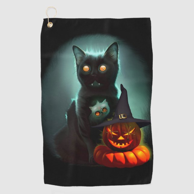 Vampire Cat and Wizard Pumpkin Halloween Surreal Golfhandtuch (Vorderseite)