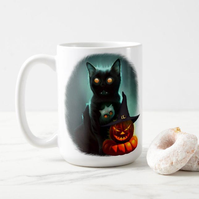 Vampire Cat and Wizard Pumpkin Halloween Surreal Kaffeetasse (Mit Donut)