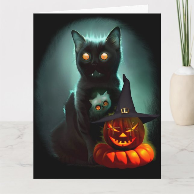 Vampire Cat and Wizard Pumpkin Halloween Surreal Karte (Vorderseite)