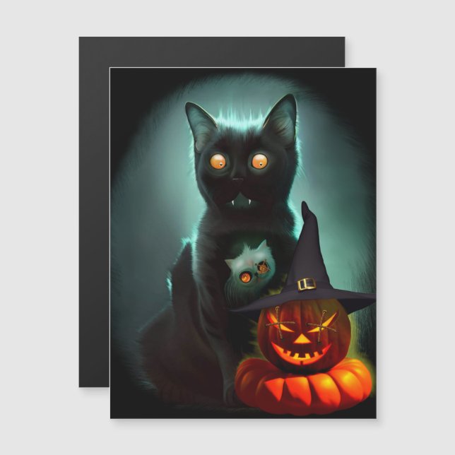 Vampire Cat and Wizard Pumpkin Halloween Surreal Magnetkarte (Vorne/Hinten)