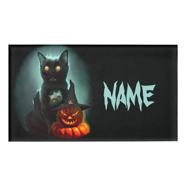 Vampire Cat and Wizard Pumpkin Halloween Surreal   Namenschild (Vorderseite)