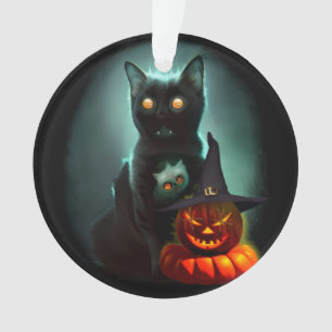 Vampire Cat and Wizard Pumpkin Halloween Surreal Ornament