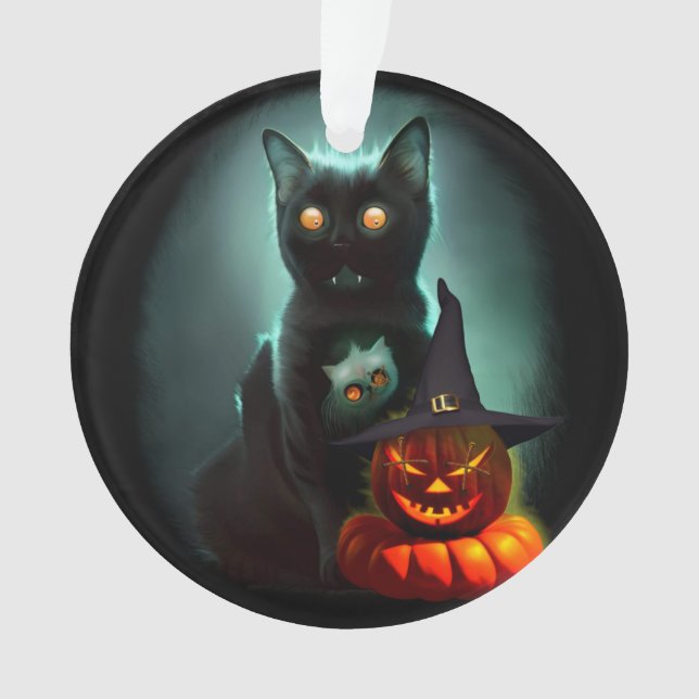 Vampire Cat and Wizard Pumpkin Halloween Surreal Ornament (Vorderseite)