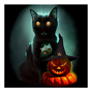 Vampire Cat and Wizard Pumpkin Halloween Surreal Poster