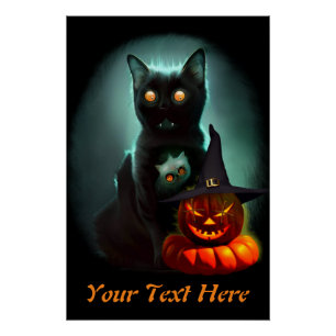 Vampire Cat and Wizard Pumpkin Halloween Surreal Poster