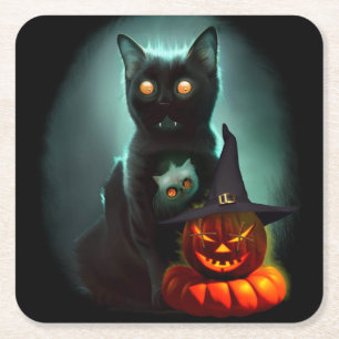 Vampire Cat and Wizard Pumpkin Halloween Surreal Rechteckiger Pappuntersetzer