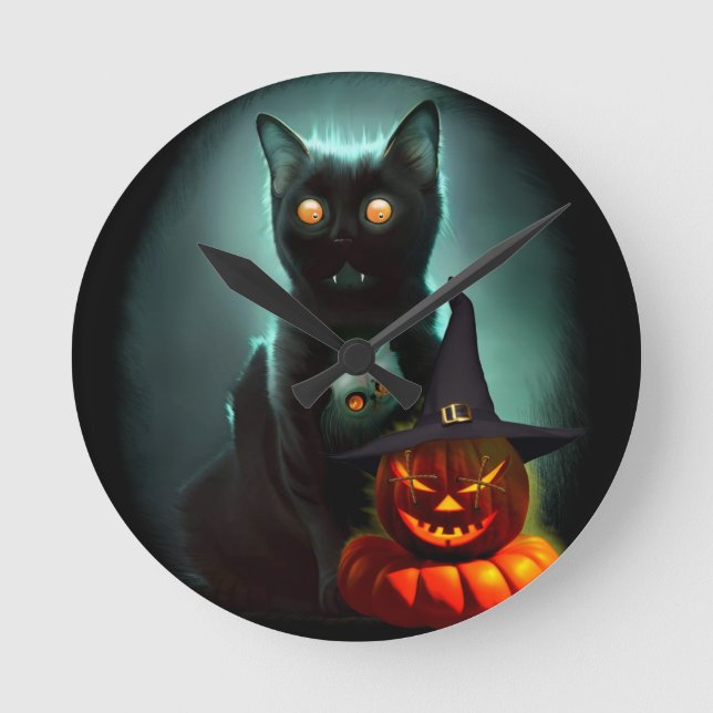 Vampire Cat and Wizard Pumpkin Halloween Surreal Runde Wanduhr (Vorderseite)