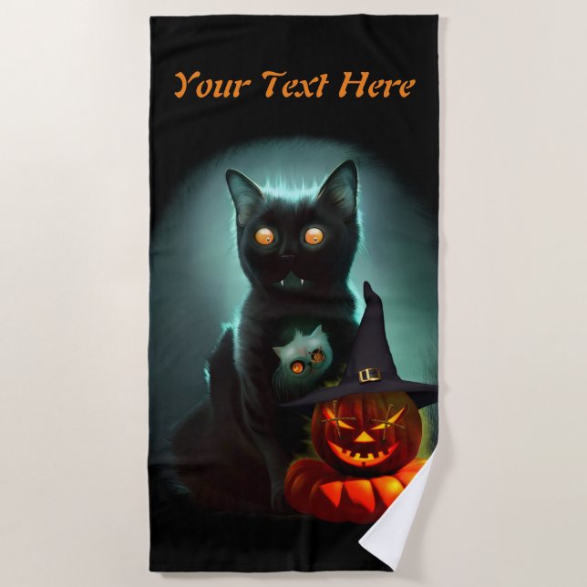 Vampire Cat and Wizard Pumpkin Halloween Surreal Strandtuch (Vorderseite)