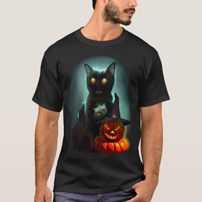 Vampire Cat and Wizard Pumpkin Halloween Surreal T-Shirt (Vorderseite)