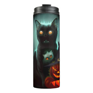 Vampire Cat and Wizard Pumpkin Halloween Surreal Thermosbecher