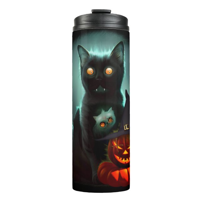 Vampire Cat and Wizard Pumpkin Halloween Surreal Thermosbecher (Vorderseite)