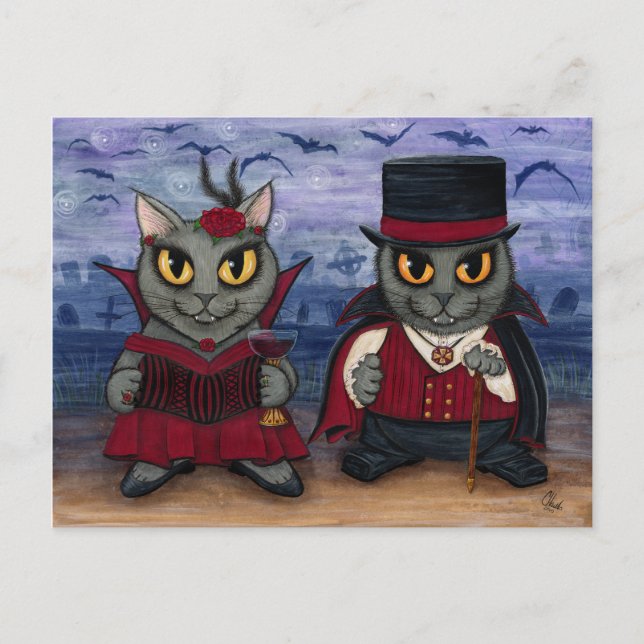 Vampire Cat Couple Gothic Friedhof Fantasy Art Pos Postkarte (Vorderseite)