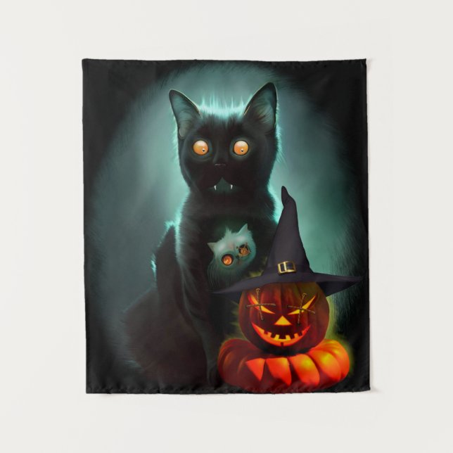 Vampire Cat und Wizard Pumpkin Halloween Surreal A Wandteppich (Vorderseite)