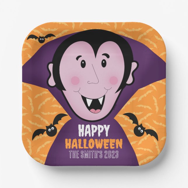 Vampire Dracula Bats Kinder Niedlich glückliches H Pappteller (Vorderseite)