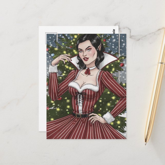 Vampire Lady in rotem Kleid mit Streifen Weihnacht Postkarte (Vorderseite/Rückseite Beispiel)