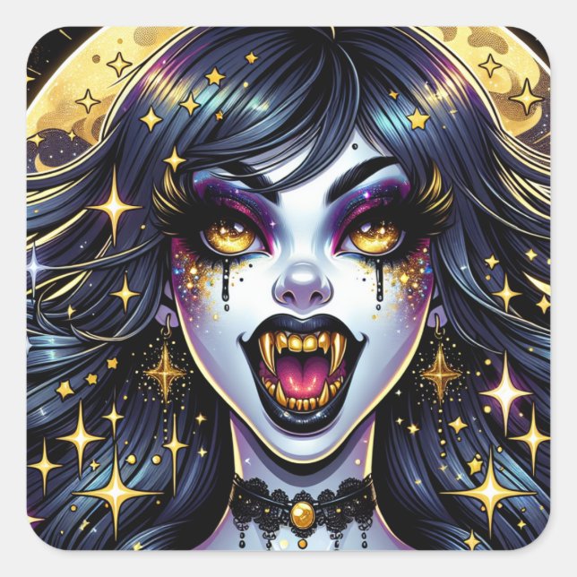 Vampire mit Goldfangs Vollmond-Halloween-Party Quadratischer Aufkleber (Vorderseite)